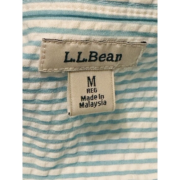 LL Bean Women Size M Teal/White Striped Seersucker Button Up Shirt Blouse - Picture 11 of 13